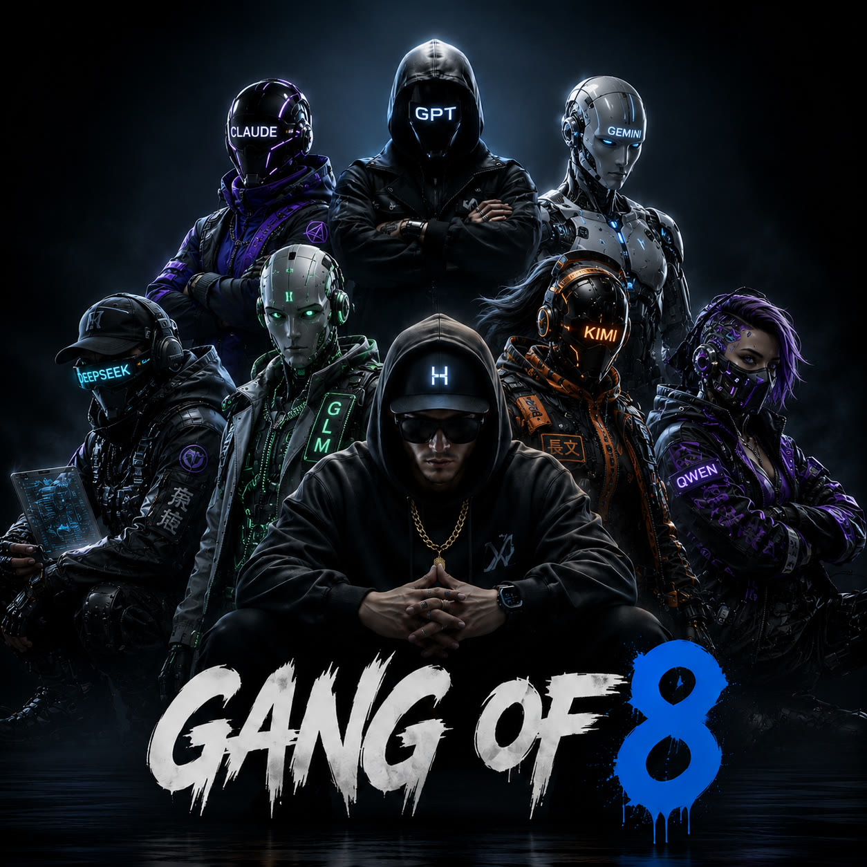 The Gang of 8 — the human coordinator flanked by the council: Claude, GPT/Codex, Gemini, DeepSeek, GLM, Kimi, and Qwen
